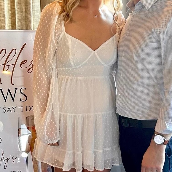 White Swiss Dot Puff Long Sleeve Mini Dress- ONLY WORN ONCE- BRIDAL SHOWER DRESS - Picture 3 of 3